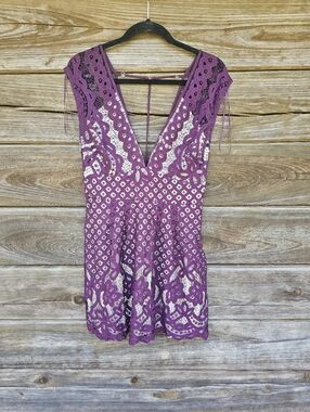 Free People Purple Lace Deep V Mini Dress Size 8
